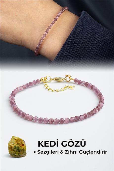 Kedi Gözü Doğal Taş Mor Kristal Küre Kesim 3mm Zincir Kapamalı Bileklik