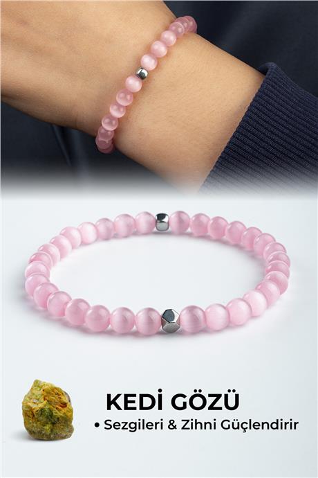 Kedi Gözü Doğal Taş Pembe Küre Kesim 6mm Bileklik