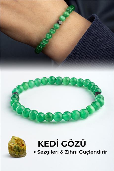 Kedi Gözü Doğal Taş Yeşil Küre Kesim 6mm Bileklik
