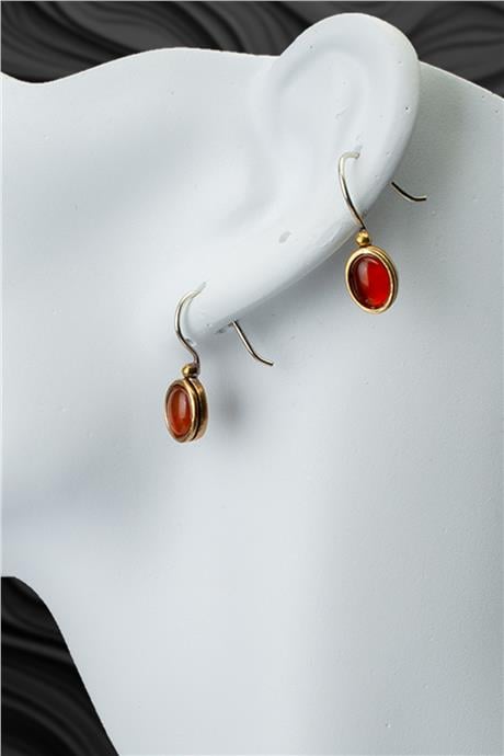 Kırmızı Akik Doğal Taş Mini Oval Kesim Bronz Küpe