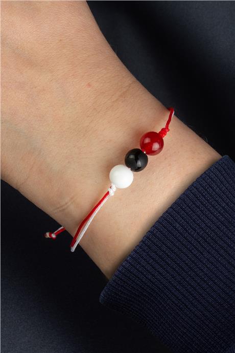 Kırmızı Beyaz Cam Doğal Taş Küre Kesim Taraftar Bilekliği