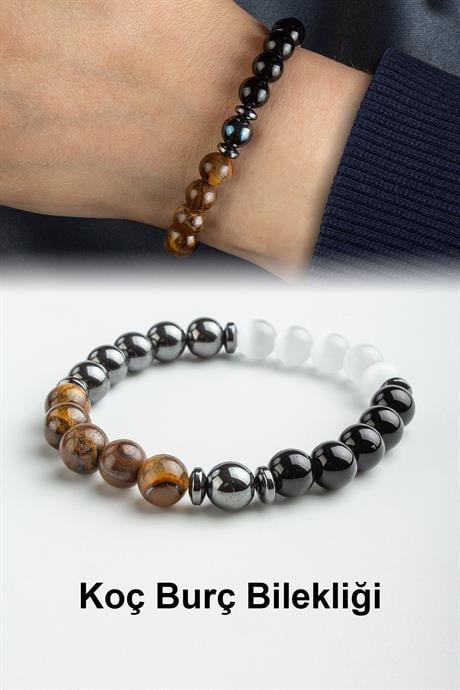 Koç Burç Bilekliği Kaplan Gözü-Kedi Gözü-Oniks-Hematit Doğal Taş 8mm Bileklik