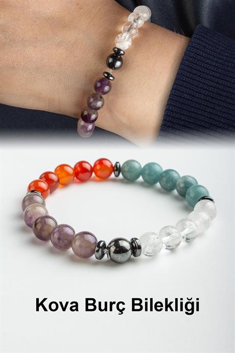 Kova Burç Bilekliği Ametist-Kristal Kuvars-Akik-Akuamarin Doğal Taş 8mm Bileklik