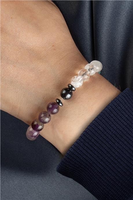 Kova Burç Bilekliği Ametist-Kristal Kuvars-Akik-Akuamarin Doğal Taş 8mm Bileklik