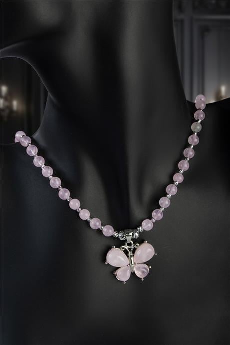 Pembe Kuvars Doğal Taş Kelebek Uçlu Dorikalı Çelik Kapama Kolye