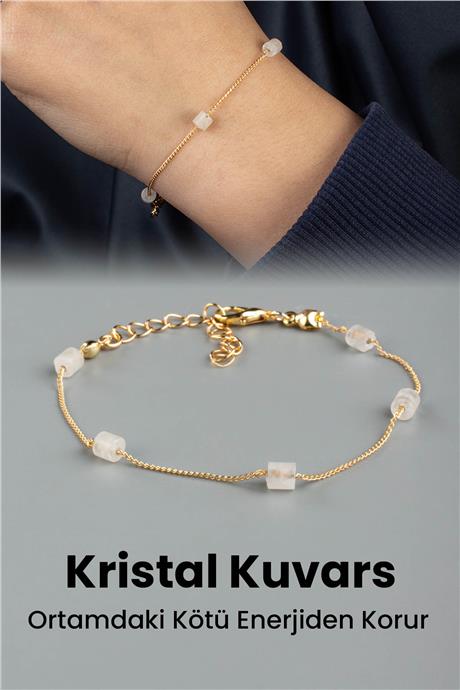 Kristal Kuvars Doğal Taş Silindir Kesim Zincir Kapamalı Bileklik
