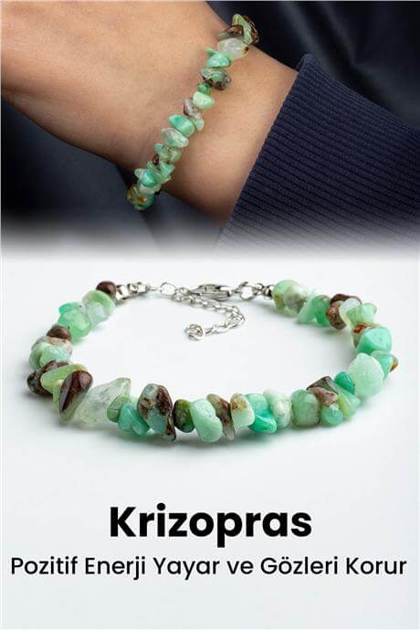 Krizopras Doğal Kırık Taş Zincir Kapamalı Bileklik