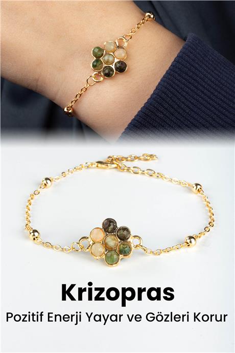 Krizopras Doğal Taş Çiçek Kesim Zincir Kapamalı Bileklik