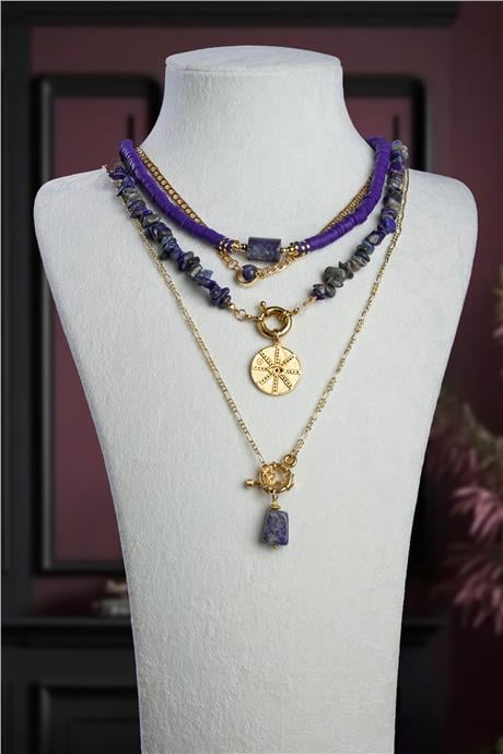 Lapis Lazuli Doğal Kırık Taş 3 lu Kombin Kolye