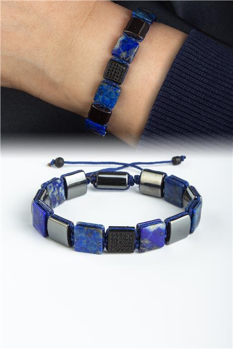 Lapis Lazuli Doğal Taş Kanallı Kare Kesim Zirkonlu 10x10mm Makrome Bileklik