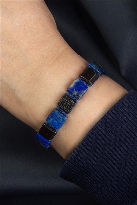 Lapis Lazuli Doğal Taş Kanallı Kare Kesim Zirkonlu 10x10mm Makrome Bileklik