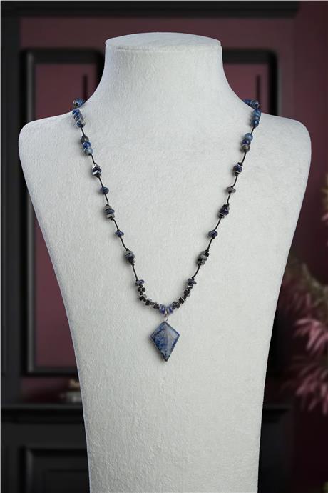 Lapis Lazuli Doğal Taş Küre Kesim Düğümlü Üçgen Taşlı Erkek Kolye