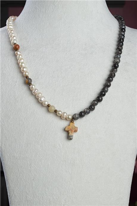 Larvakit Dentrikli Akik İnci Doğal Taş Küre Kesim Haç Erkek Kolye