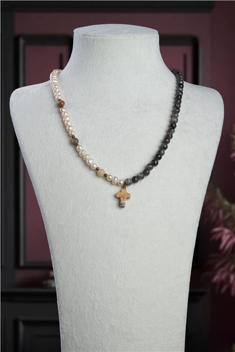 Larvakit Dentrikli Akik İnci Doğal Taş Küre Kesim Haç Erkek Kolye