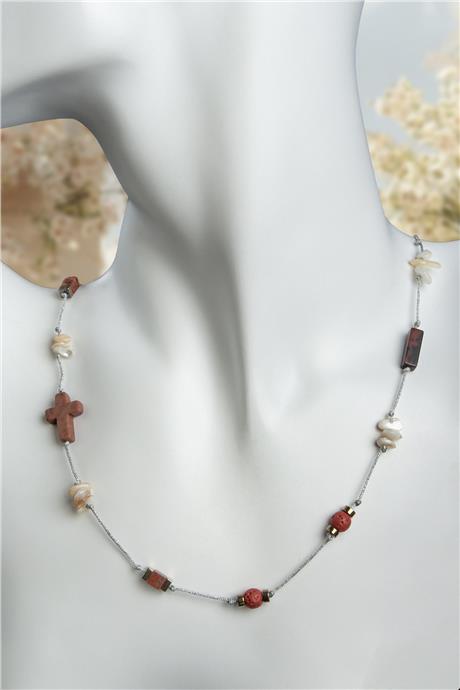 Lav Taşı & Jasper Doğal Taş Karışık Kesim Haç Figürlü Kolye