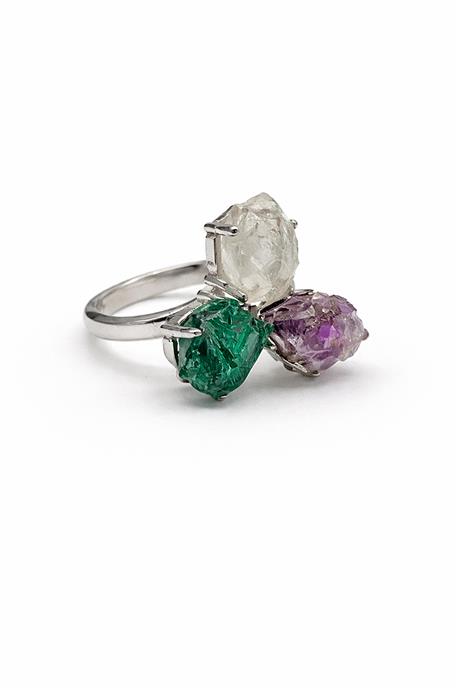 Malakit & Ametist & Kuvars Taşı Ham Kütle Kesim Çelik Ayarlanabilir Yüzük