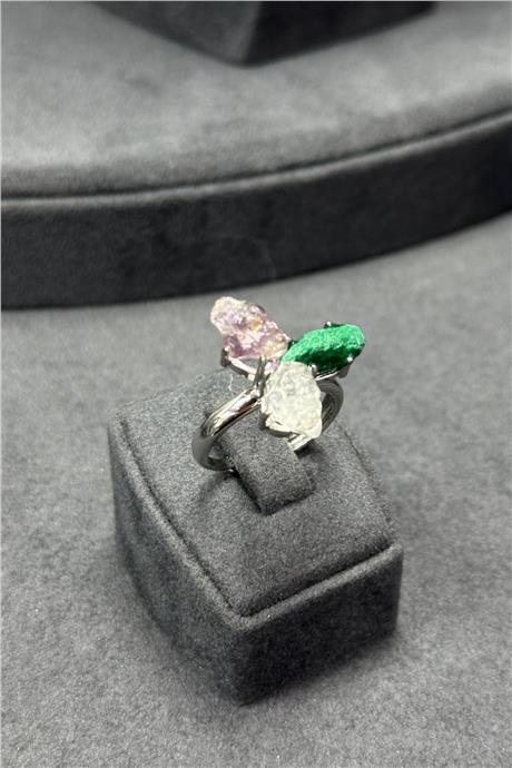 Malakit & Ametist & Kuvars Taşı Ham Kütle Kesim Çelik Ayarlanabilir Yüzük