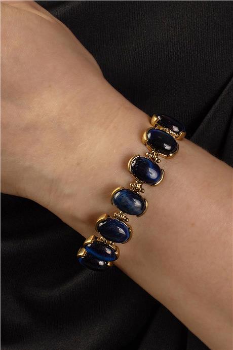 Mavi Kaplangözü Doğal Taş 10 Taşlı Bronz  Bileklik