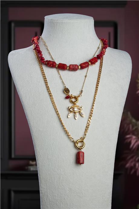 Mercan Doğal Kırık Taş 3 lu Kombin Kolye