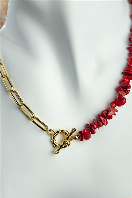 Mercan Doğal Kırık Taş Zincir Kapamalı Kolye