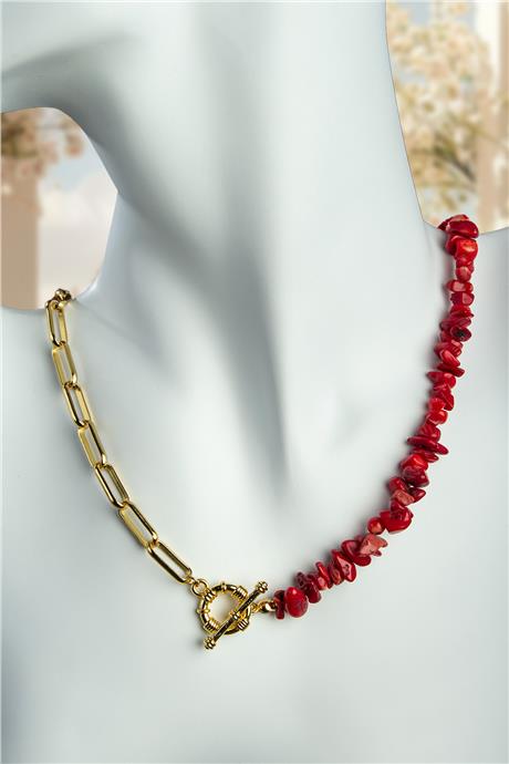 Mercan Doğal Kırık Taş Zincir Kapamalı Kolye