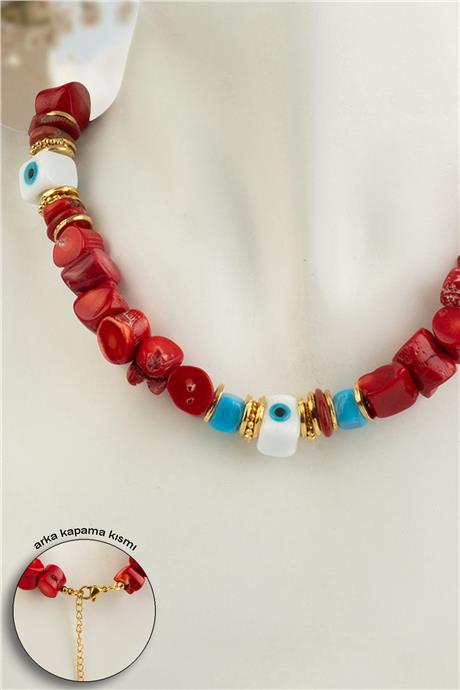 Mercan Doğal Taş Amorf Kesim Dana Gözü Nazar Cam Murano Çelik Kolye