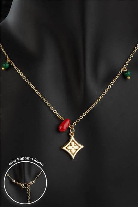 Mercan Sıkma Malakit Doğal Taş Kokina Temalı Yılbaşı Kolyesi