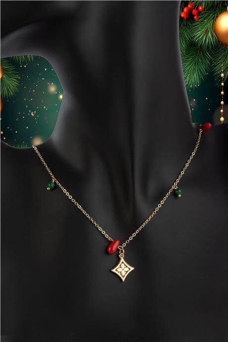 Mercan Sıkma Malakit Doğal Taş Kokina Temalı Yılbaşı Kolyesi