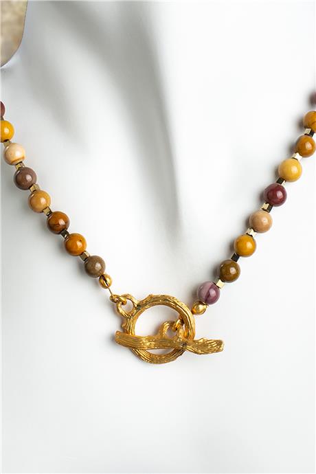 Mokait Jasper Doğal Taş Küre Kesim T Kapamalı Kolye