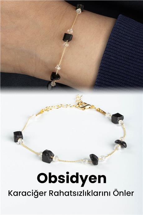 Obsidyen Doğal Kırık Taş Zincir Kapamalı Bileklik