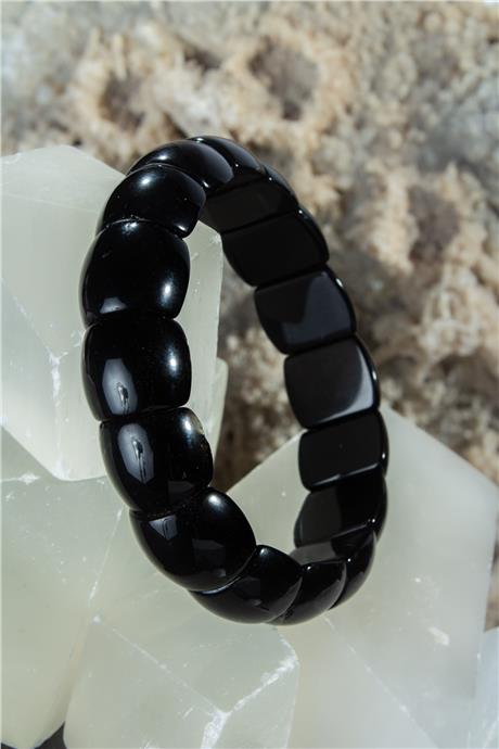 Obsidyen Doğal Taş Bombeli Dikdörtgen Kesim Bileklik