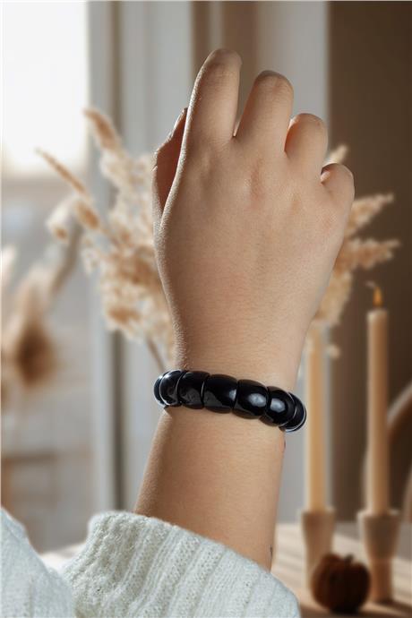 Obsidyen Doğal Taş Bombeli Dikdörtgen Kesim Bileklik