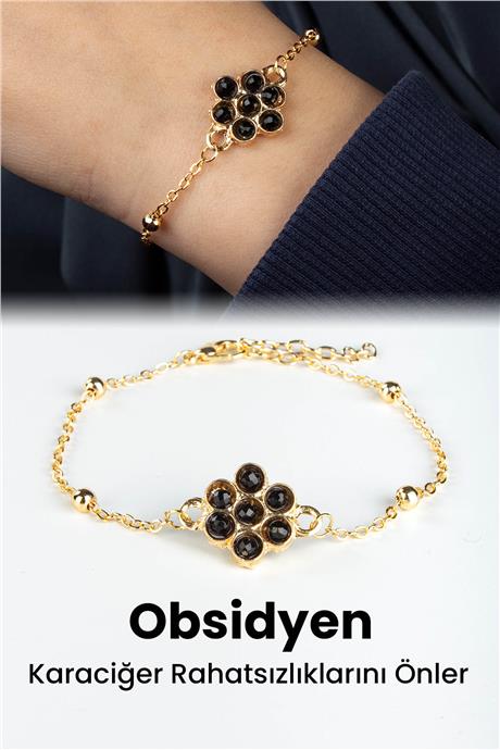 Obsidyen Doğal Taş Çiçek Kesim Zincir Kapamalı Bileklik