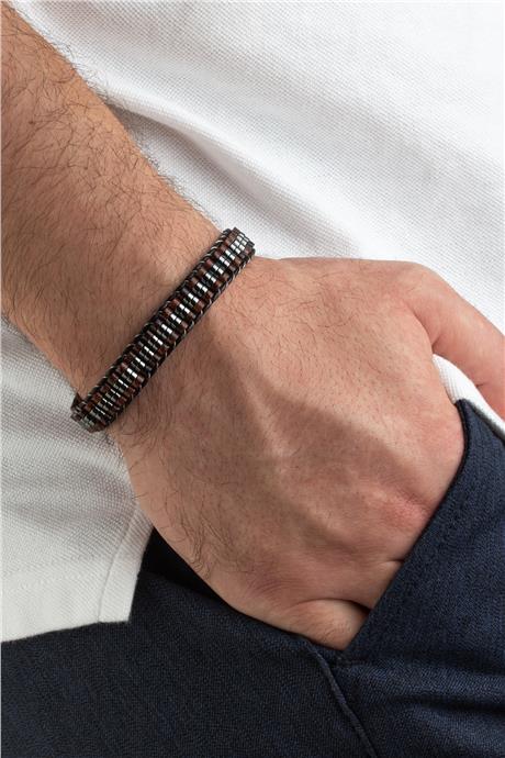 Obsidyen Doğal Taş Kahverengi Örme Erkek Bilekliği 4x2mm