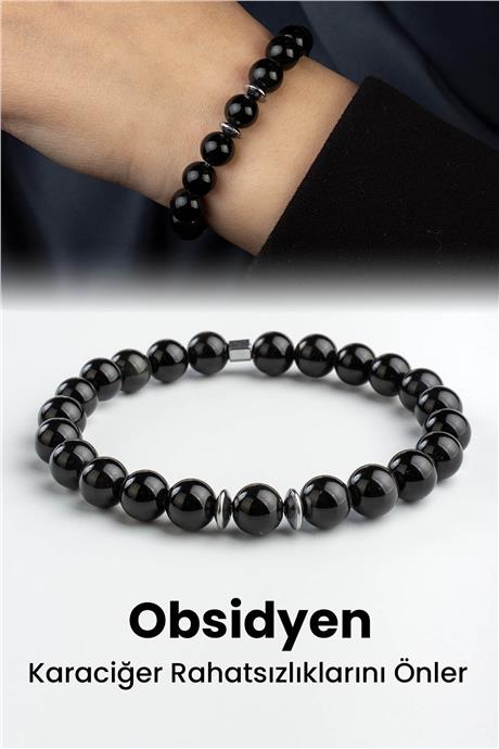 Obsidyen Doğal Taş Parlak Siyah Küre Kesim 8mm Bileklik