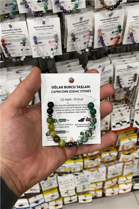 Oğlak Burç Bilekliği Yeşim-Benekli Jasper-Oniks-Sıkma Malakit Doğal Taş 8mm Bileklik