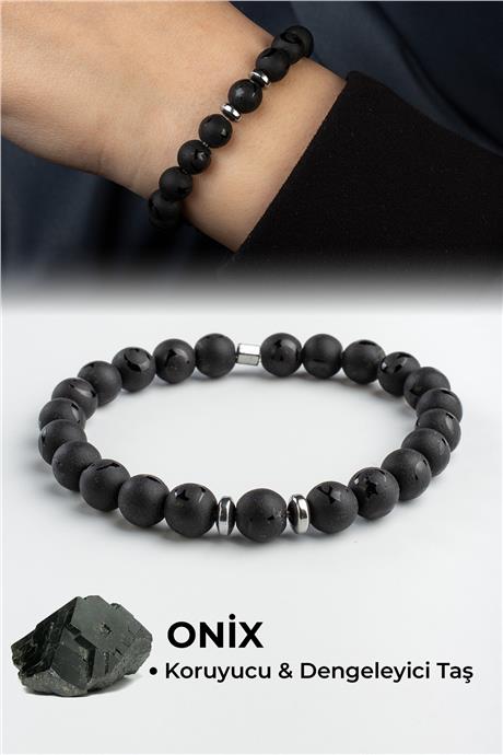 Oniks Doğal Taş Küre Kesim Ay Yıldız Motifli 8mm Bileklik