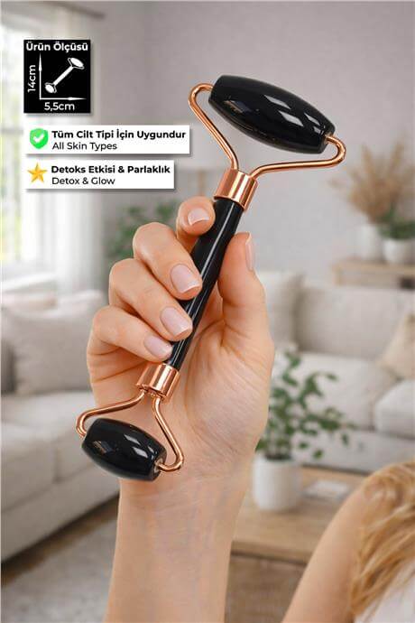 Oniks Taşı Face Roller Taşı Yüz Masaj Aleti - Roz Sap