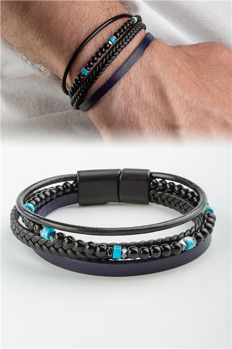 Oniks Taşlı Dörtlü Lacivert Deri Erkek Bilekliği