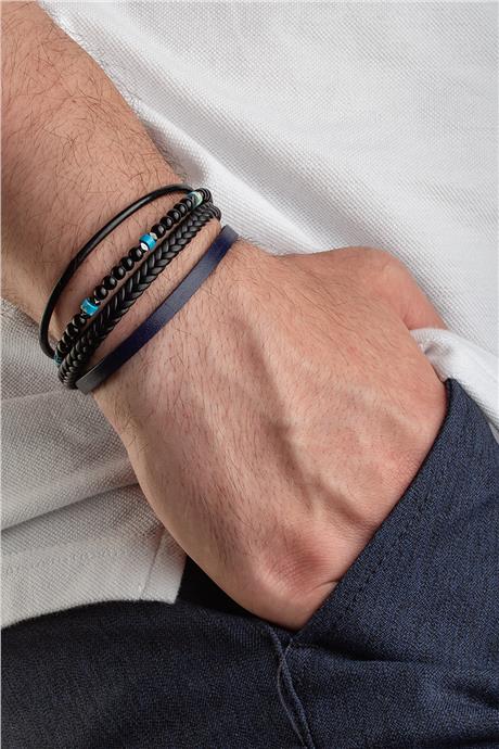 Oniks Taşlı Dörtlü Lacivert Deri Erkek Bilekliği
