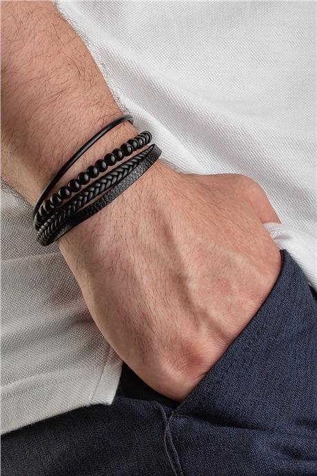 Oniks Taşlı Dörtlü Siyah Deri Erkek Bilekliği