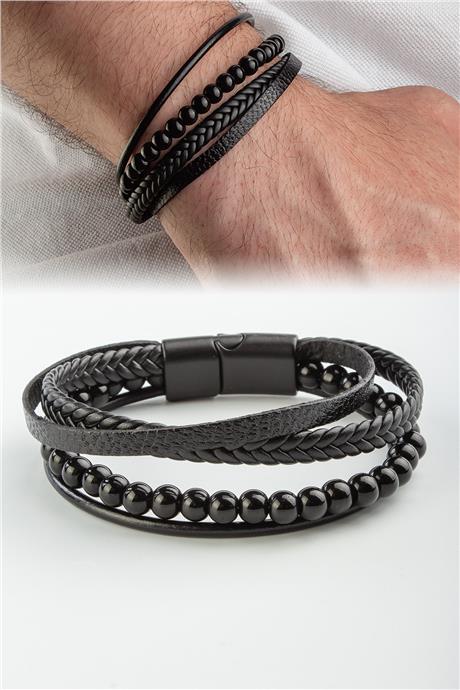 Oniks Taşlı Dörtlü Siyah Deri Erkek Bilekliği