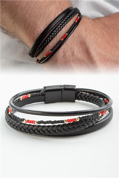 Oniks Taşlı Gold Zirkonlu Dörtlü Taba Deri Erkek Bilekliği