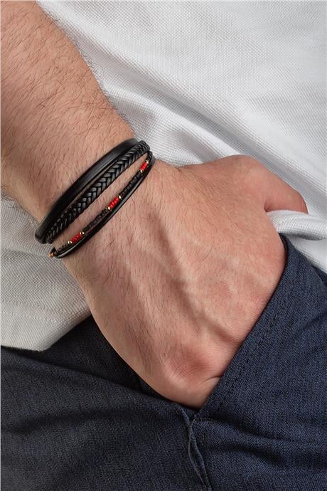 Oniks Taşlı Gold Zirkonlu Dörtlü Taba Deri Erkek Bilekliği