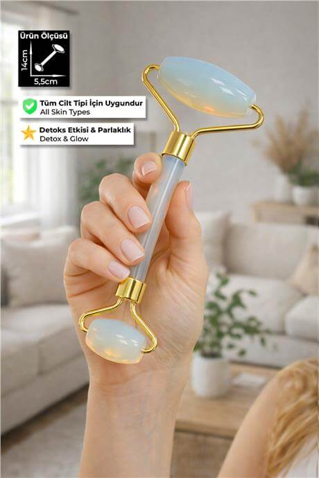 Opal Taşı Face Roller Taşı Yüz Masaj Aleti - Altın Sap