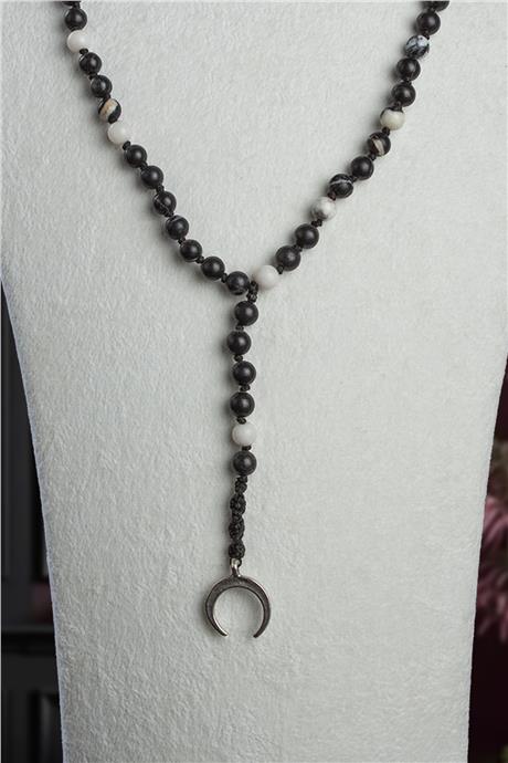 Panda Jasper Doğal Taş Küre Kesim Ay Figür Erkek Kolye