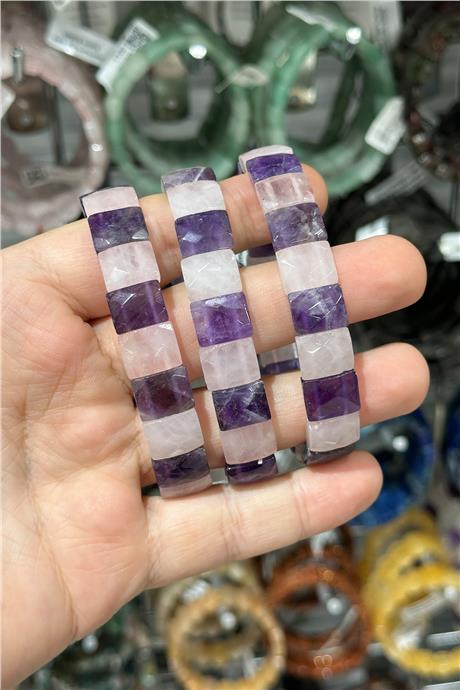 Pembe Kuvars - Ametist Taşı Dikdörtgen Kesim Bileklik