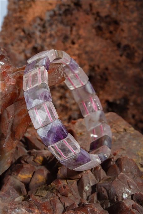 Pembe Kuvars - Ametist Taşı Dikdörtgen Kesim Bileklik