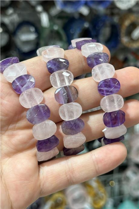 Pembe Kuvars - Ametist Taşı Oval Kesim Bileklik