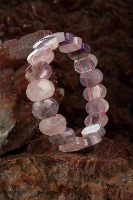 Pembe Kuvars - Ametist Taşı Oval Kesim Bileklik